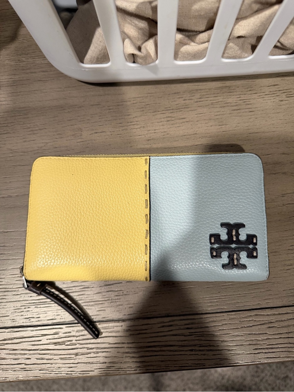 Tory Burch Two-Tone Yellow and Light Blue Zip Card Wallet